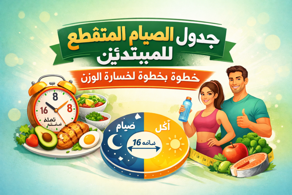 جدول الصيام المتقطع للمبتدئين مع خطوات بسيطة لخسارة الوزن، يتضمن أطعمة صحية مثل الخضروات والفاكهة والأطعمة الغنية بالبروتين.